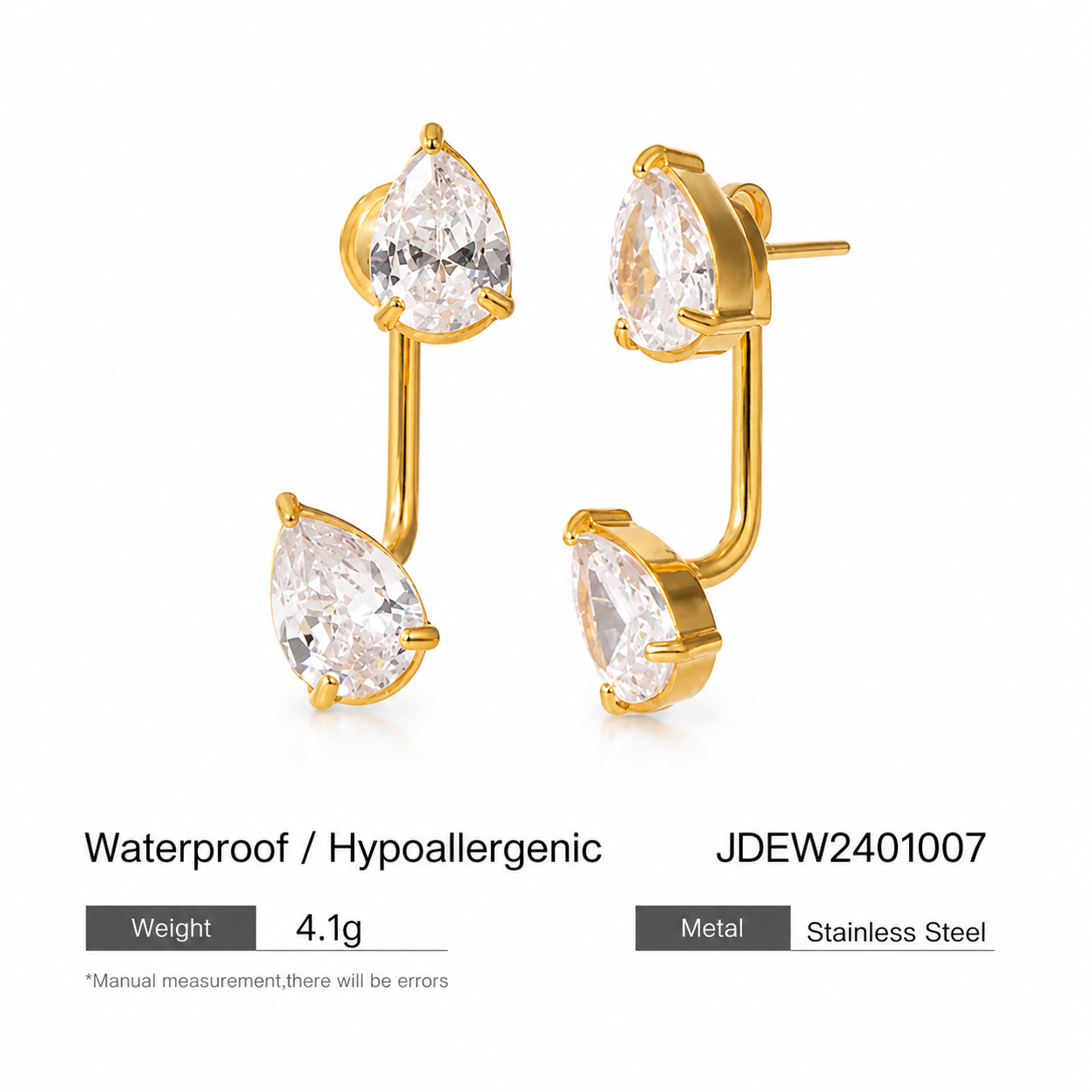 Orek Era Pear Crystal Studs earrings on jewellery display, a pear-cut crystal set in a removable, c