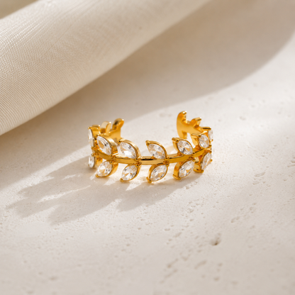 Close-up of Orek Dainty Branch Leaf Ring ring detail, a delicate branch-and-leaf silhouette li