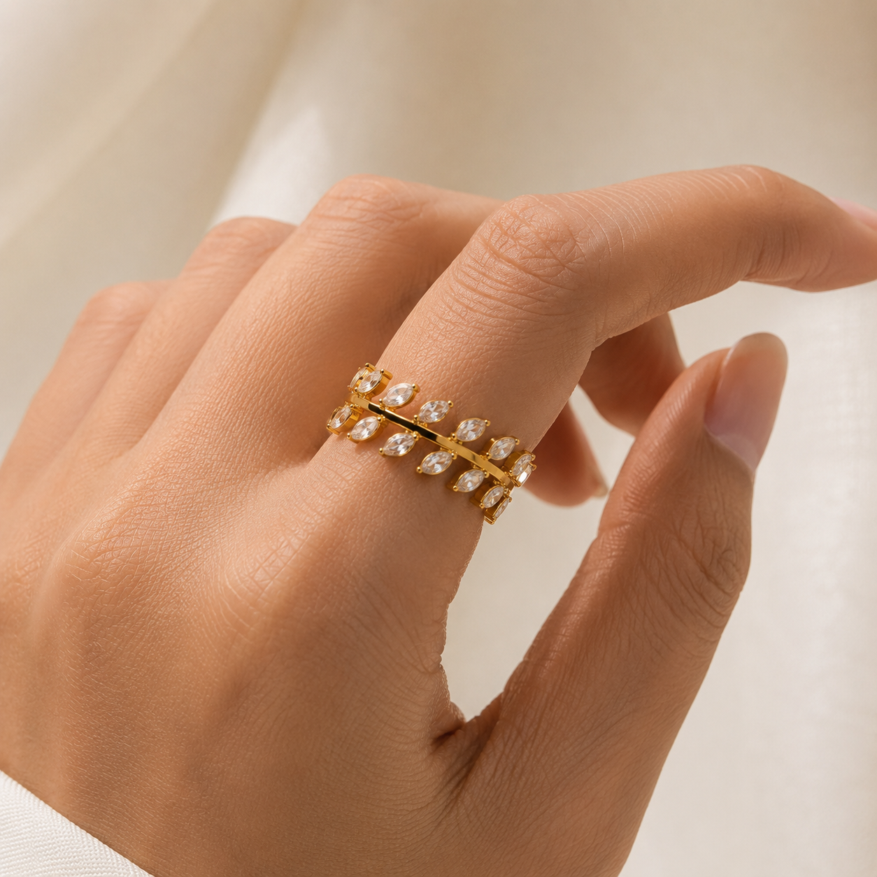 Woman wearing Orek Dainty Branch Leaf Ring ring