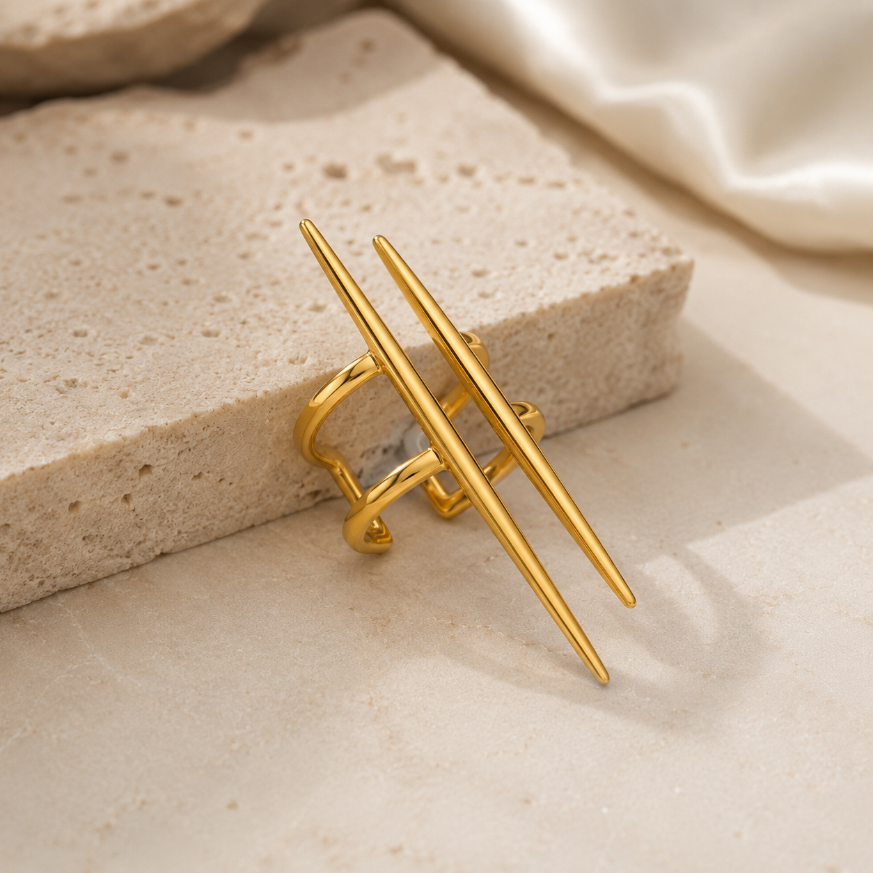 Orek Duo Line Open Ring ring on jewellery display, two parallel, hollow lines running side 