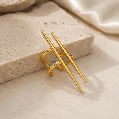 Orek Duo Line Open Ring ring on jewellery display, two parallel, hollow lines running side 