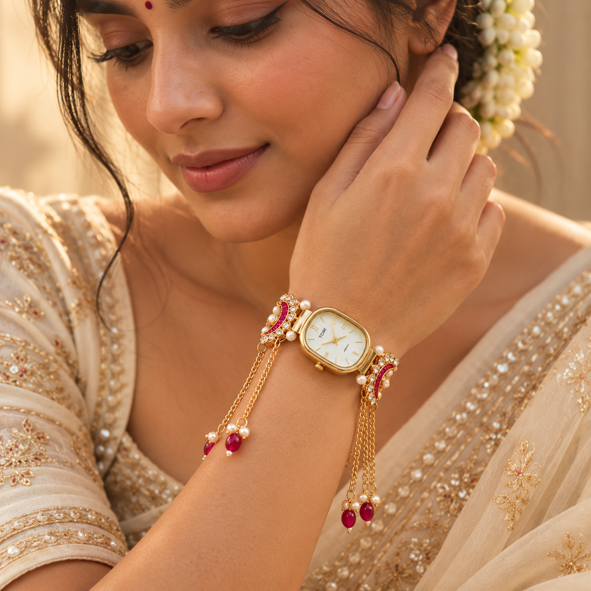 Gulnaar gold-tone bracelet watch with a rectangular ivory dial, ruby-red stone accents, pearl embellishments, and delicate dangling gold chains on a white background.