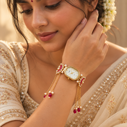 Gulnaar gold-tone bracelet watch with a rectangular ivory dial, ruby-red stone accents, pearl embellishments, and delicate dangling gold chains on a white background.