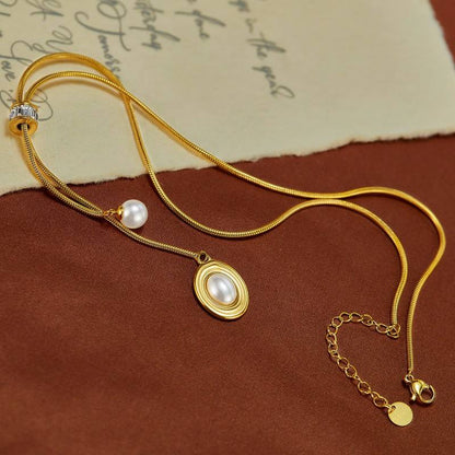 Close-up of Orek Evara Pearl Oval Necklace, showing anti-tarnish gold plated finish