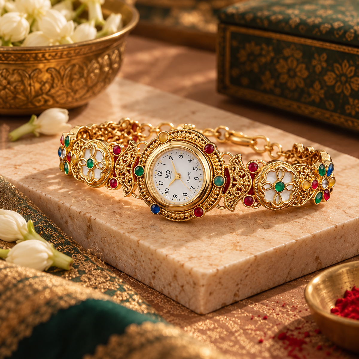 Rangmahal Traditional Gold-Tone Bracelet Watch with Multicolour Floral Details | Orek Jewellery