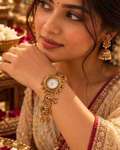 Rajsi Kundan Elephant & Peacock Heritage Bracelet Watch