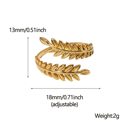Orek Foliage Leaf Ring ring on jewellery display, an asymmetric leaf silhouette wrapping g