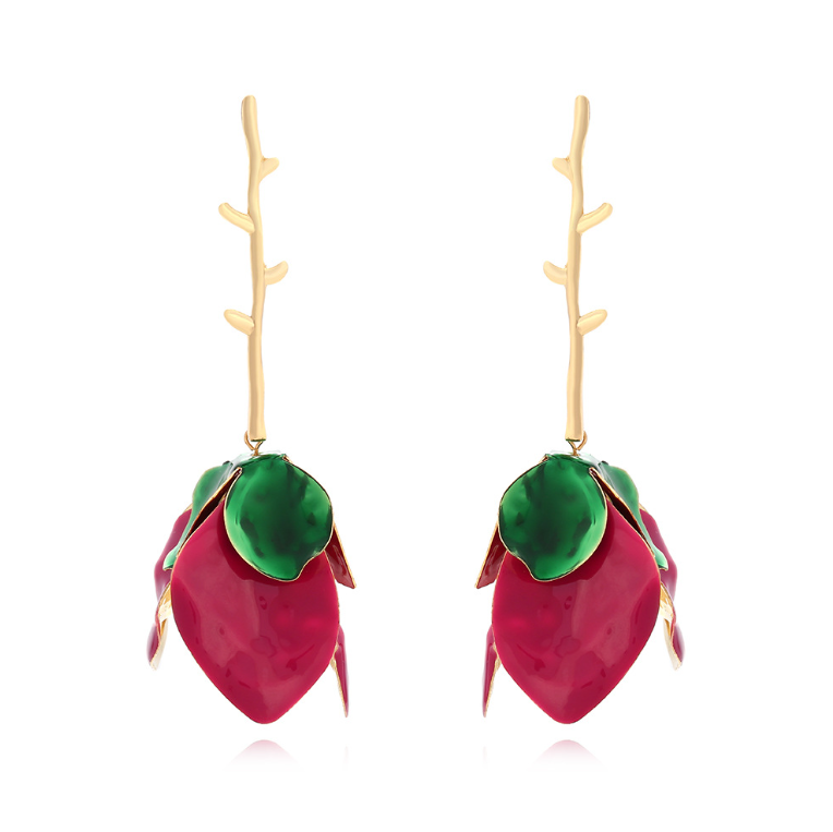 Orek Solene Metallic Rose Dangler earrings on jewellery display, a sculpted metallic rose in full bloom