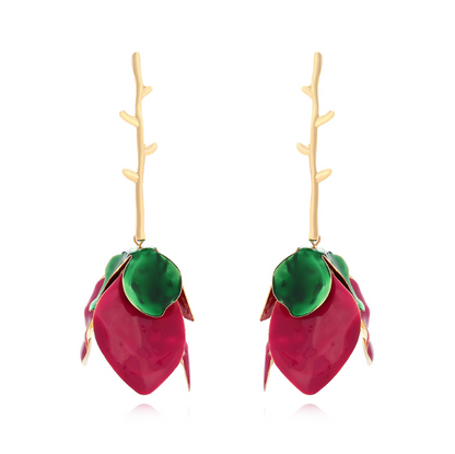 Orek Solene Metallic Rose Dangler earrings on jewellery display, a sculpted metallic rose in full bloom