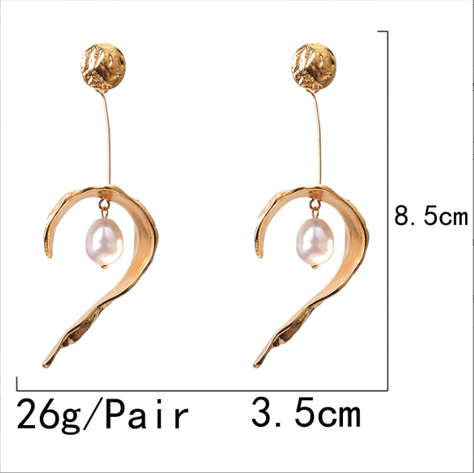 Temperament Trend Gold Color Metal Long Pearl Drop Earrings