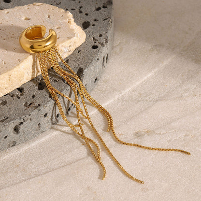 Orek Elara Peace Tassel Cuff earrings styled with everyday outfit
