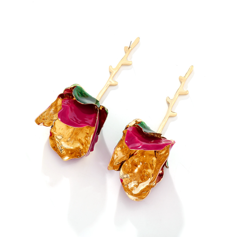 Orek Solene Metallic Rose Dangler earrings styled with everyday outfit