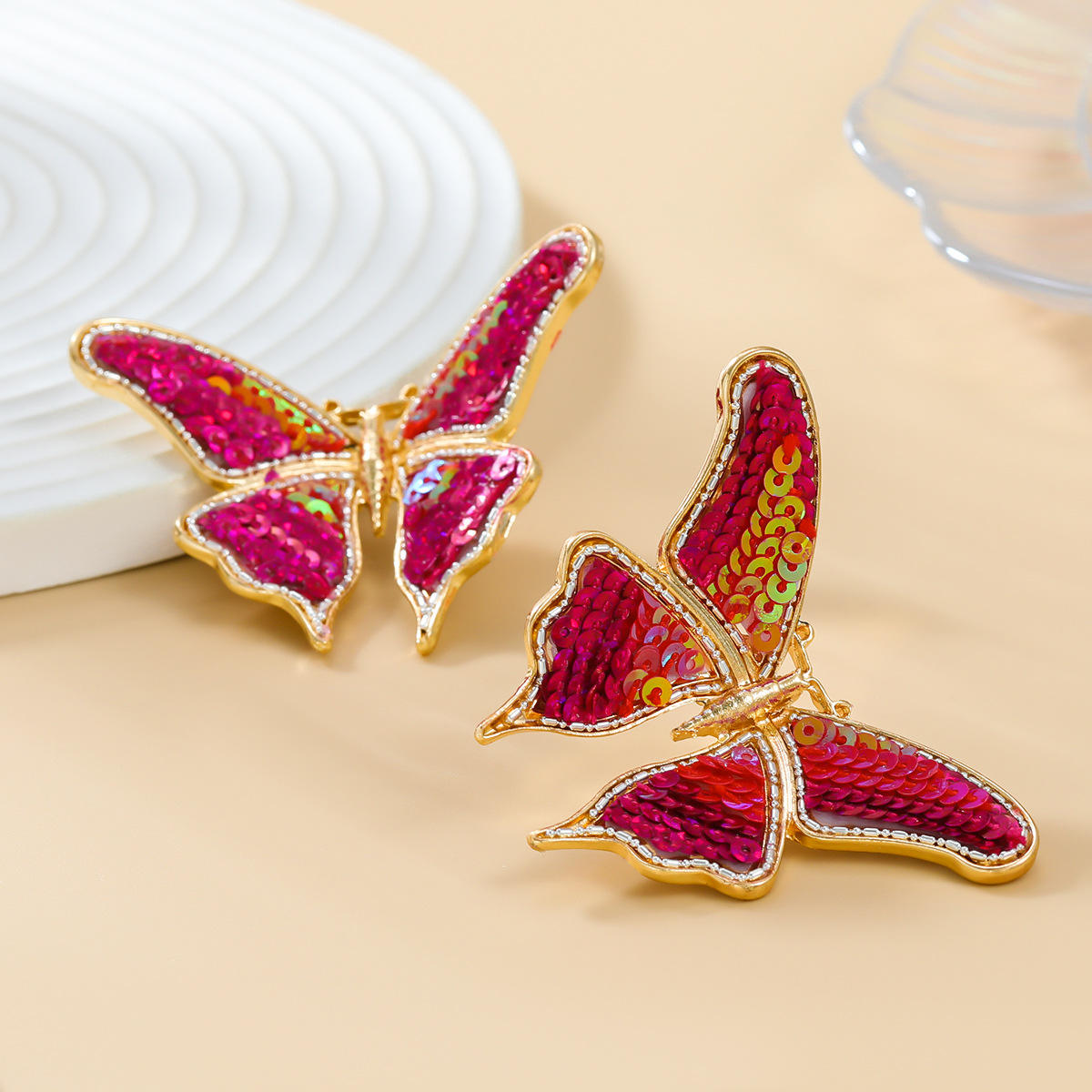 Red Sequin Butterfly Earrings – Casual Holiday Party Insect Earrings