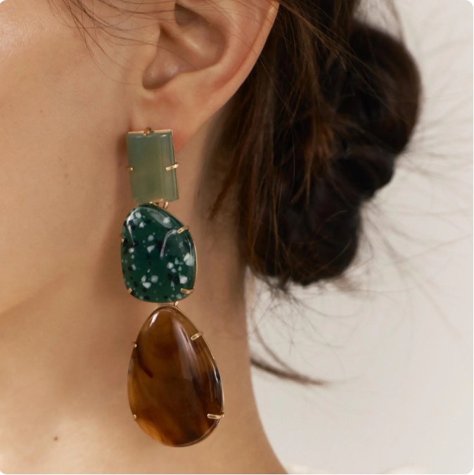 Close-up of Orek Solene Vintage Teardrop Dangler earrings detail, a long, vintage-inspired teardrop set in