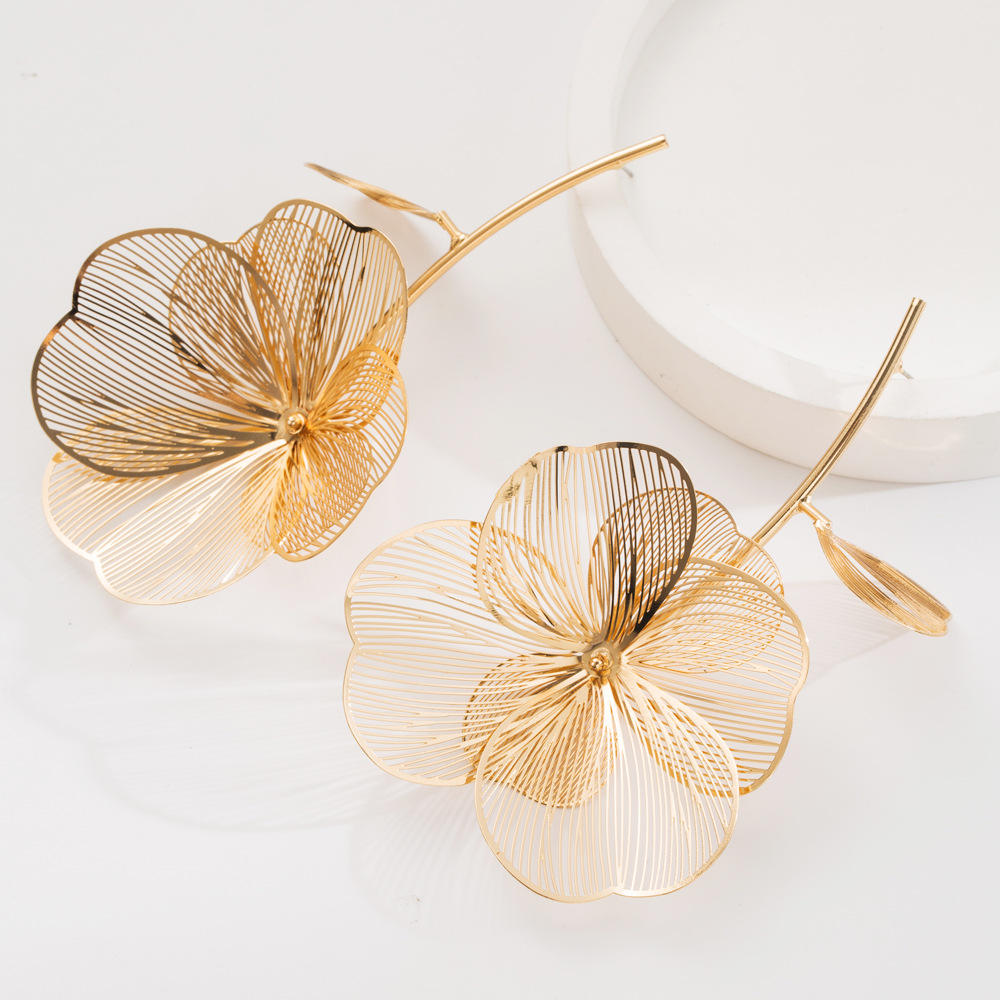 Metal Textured Flower Large Earrings