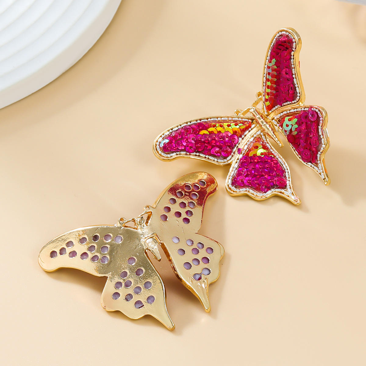 Red Sequin Butterfly Earrings – Casual Holiday Party Insect Earrings
