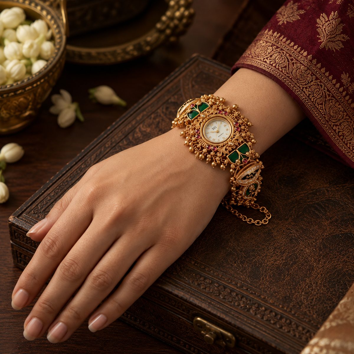 Rajwada Traditional Gold-Tone Bracelet Watch with Green & Red Stone Detailing | Orek Jewellery