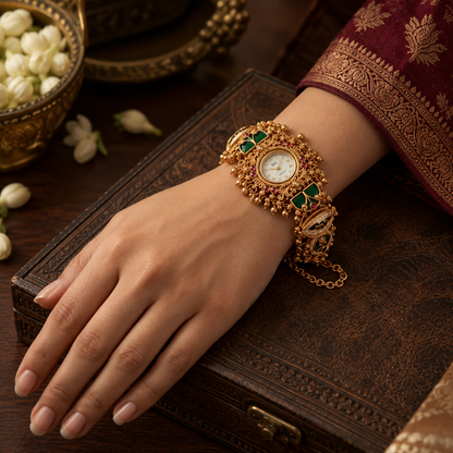 Rajwada Traditional Gold-Tone Bracelet Watch with Green & Red Stone Detailing | Orek Jewellery