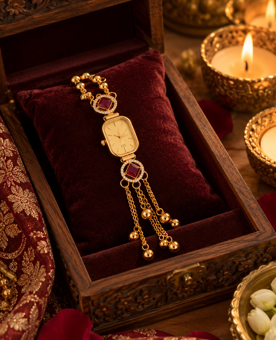 Gold-tone bracelet watch with a rectangular ivory dial, ruby-red stone accents, and delicate dangling gold chains, styled on a vintage wooden jewellery box.