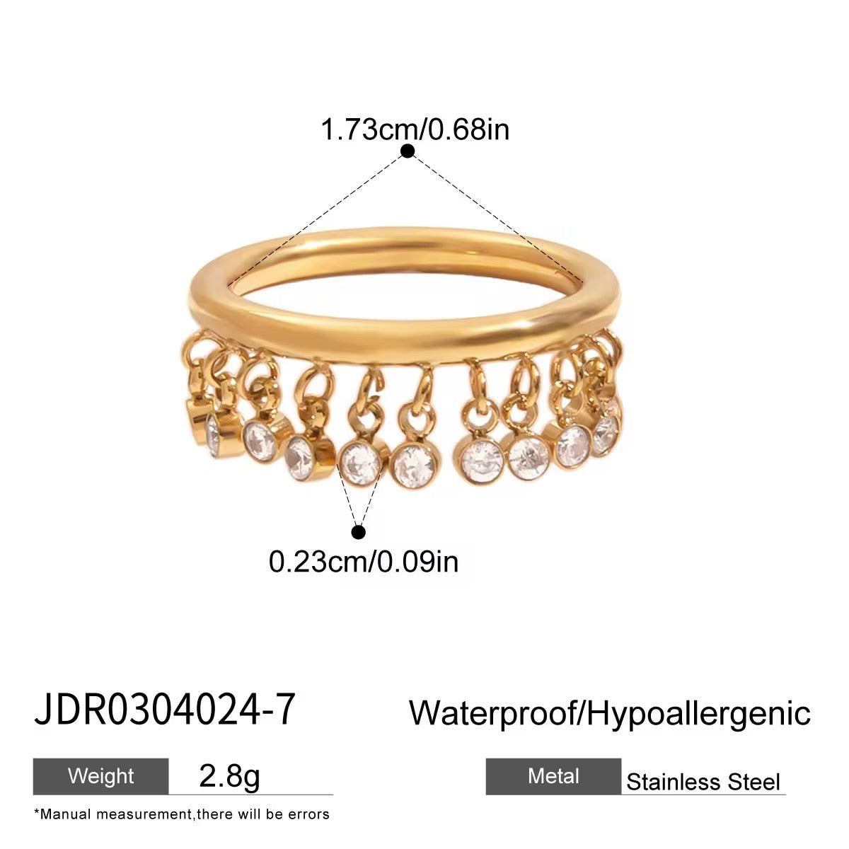Orek Zircon Tassel Charm Ring detail view, anti-tarnish gold plated