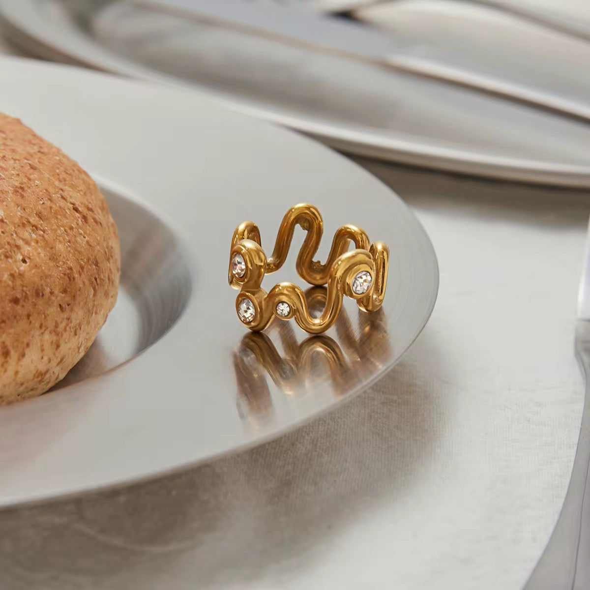 OREK Ziva Curve Stack Ring Anti Tarnish Gold Plated Jewelry 2.5 Micron Premium Finish Long Lasting with 1 Year Exchange Warranty