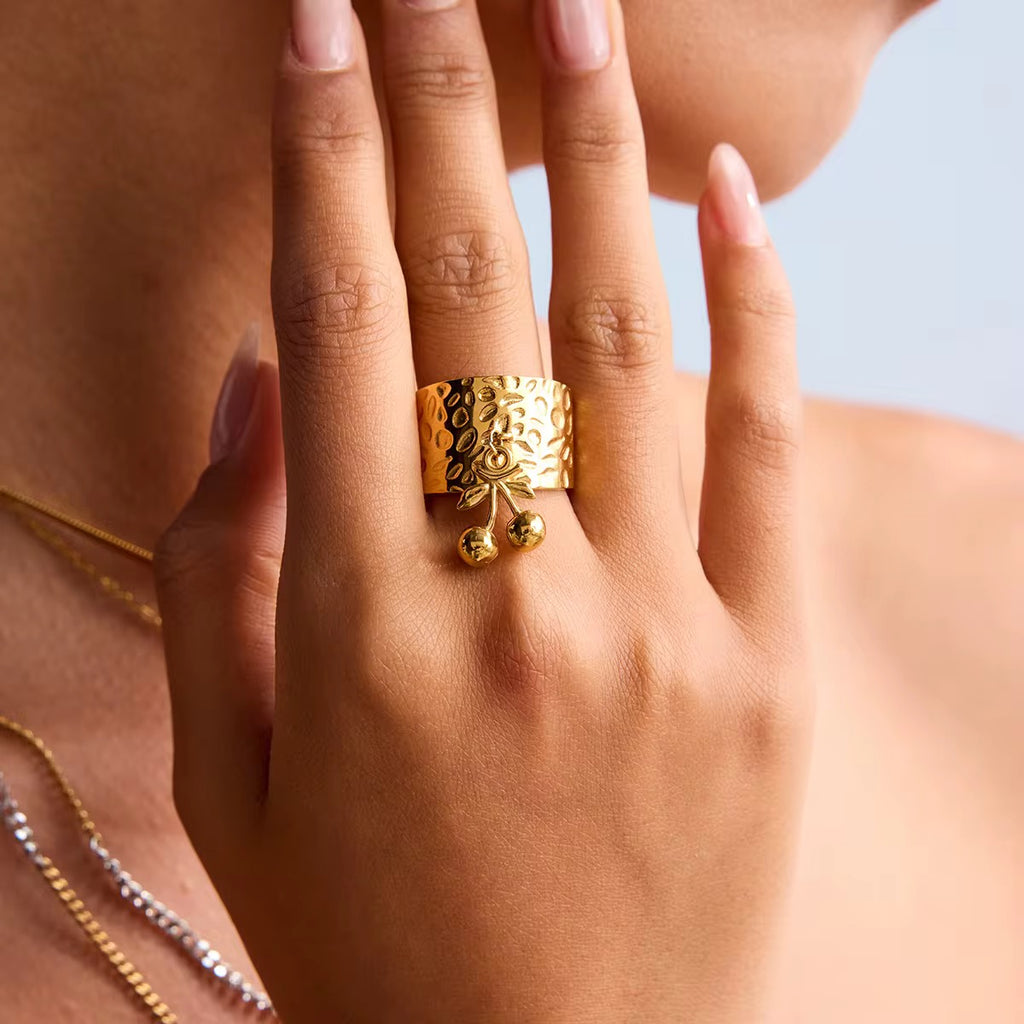 OREK Hammered Cherry Ring Anti Tarnish Gold Plated Jewelry 2.5 Micron Premium Finish Long Lasting with 1 Year Exchange Warranty