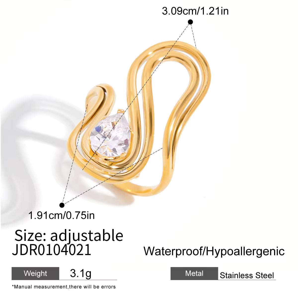 Orek Aira Dual Form Ring detail view, anti-tarnish gold plated