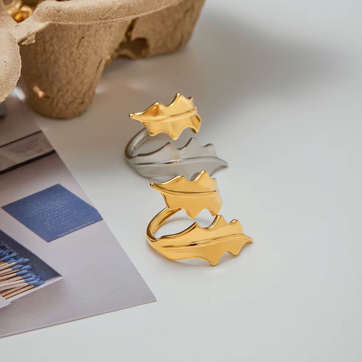 Orek Leaf Accent Ring detail view, anti-tarnish gold plated