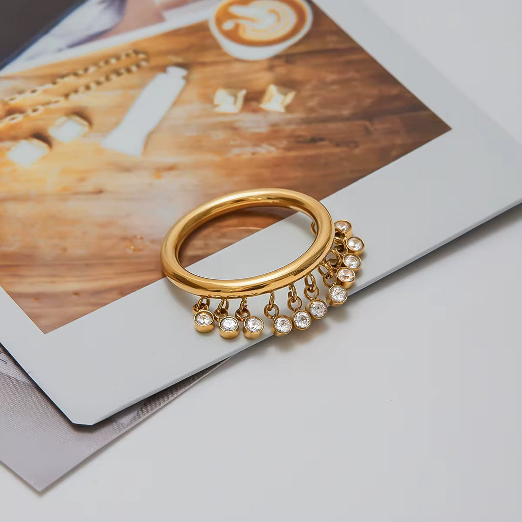 OREK Zircon Tassel Charm Ring Anti Tarnish Gold Plated Jewelry 2.5 Micron Premium Finish Long Lasting with 1 Year Exchange Warranty