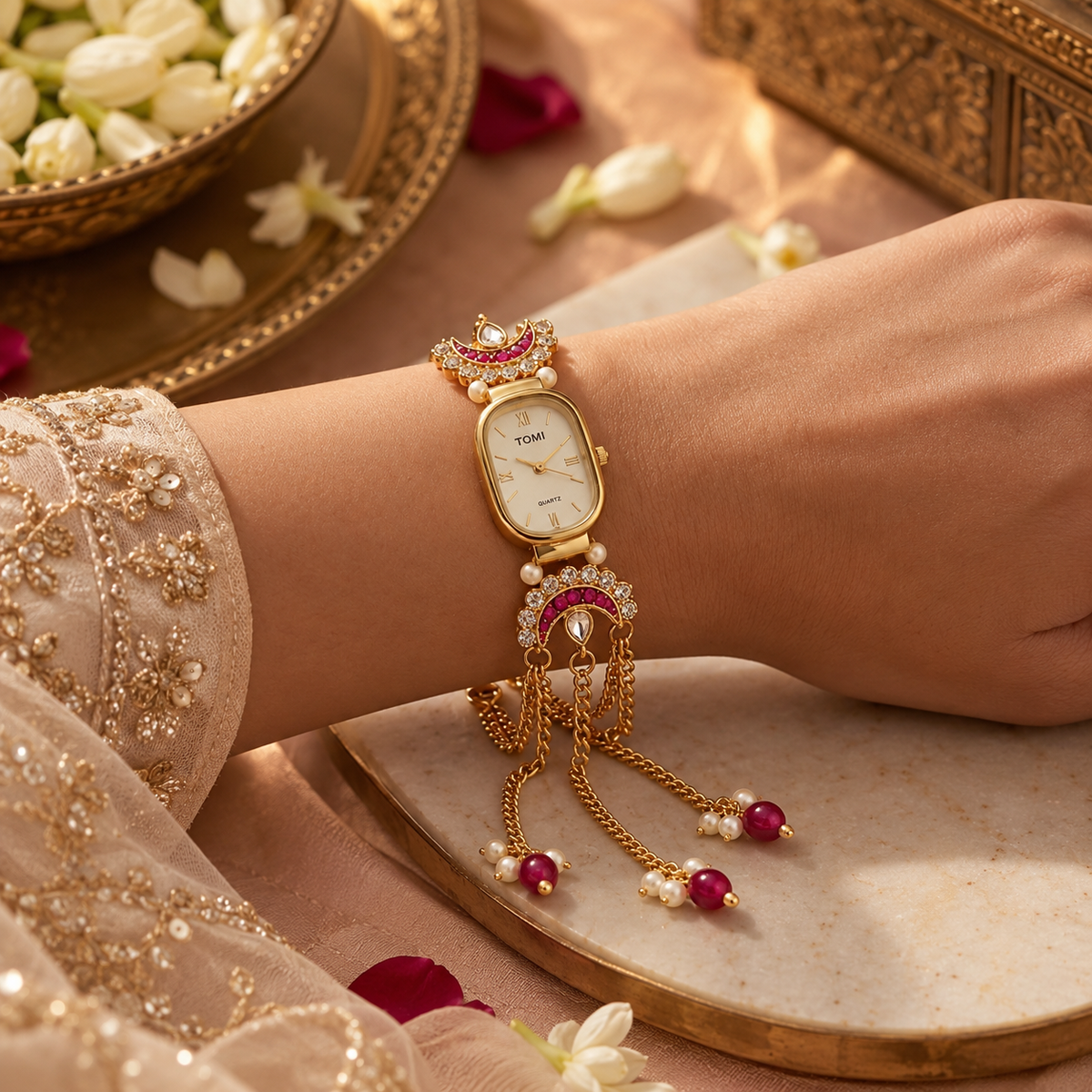 Gulnaar Gold-Tone Bracelet Watch with Ruby Red Stones & Pearl Tassels | Orek