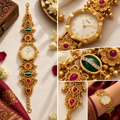 Gulnaar Traditional Gold Bracelet Watch with Ruby & Emerald Accents | Orek Jewellery