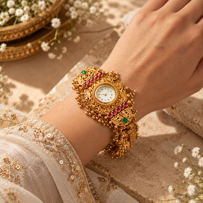 Maharani Traditional Gold Bracelet Watch with Red & Green Stones | Orek Jewellery