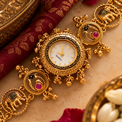 Rajsi Kundan Elephant & Peacock Heritage Bracelet Watch