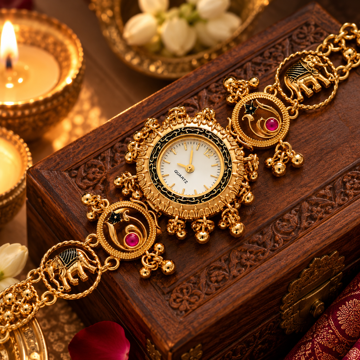 Gold-tone traditional bracelet watch with elephant and peacock motifs, ruby-red stone accents, an ivory round dial, and intricate heritage-inspired detailing.