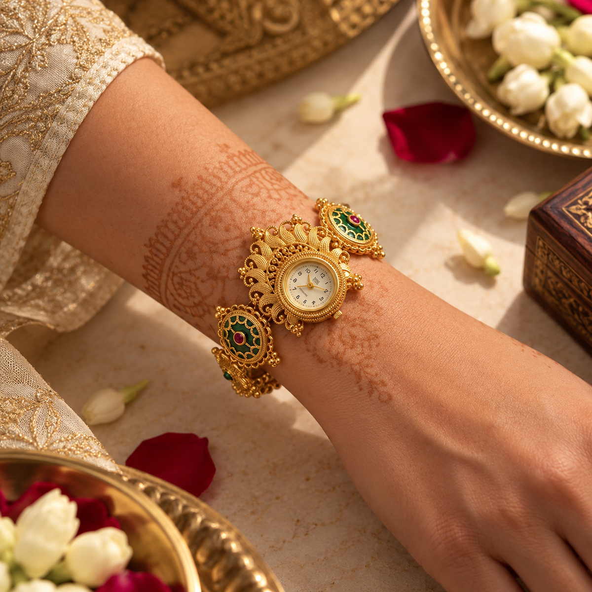 Rajshree Traditional Gold Bracelet Watch with Green & Ruby Red Stone Details | Orek Jewellery
