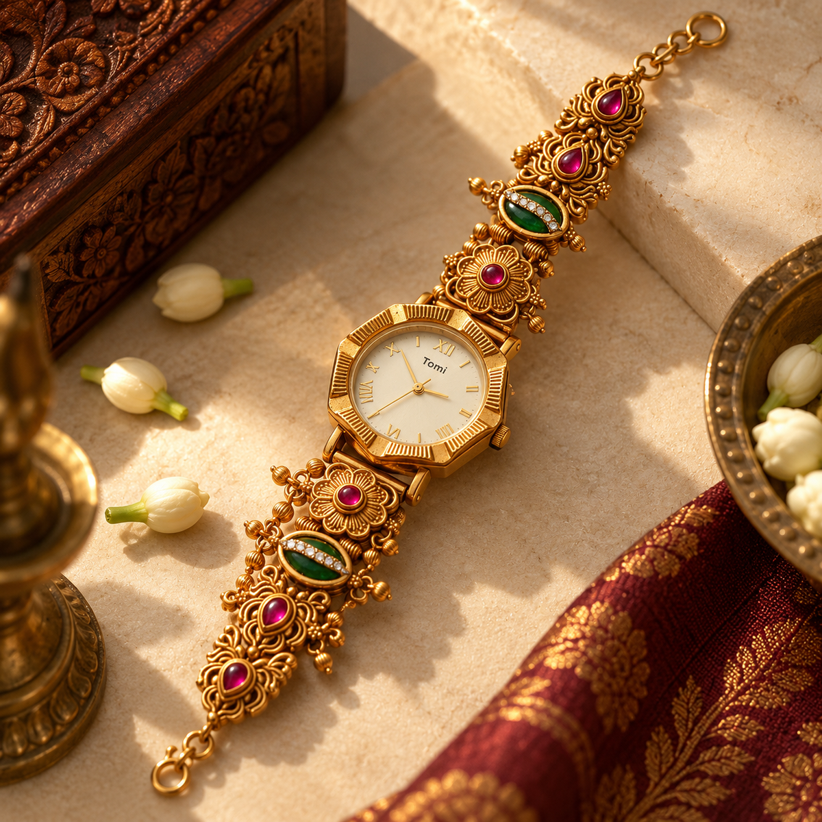 Gulnaar Traditional Gold Bracelet Watch with Ruby & Emerald Accents | Orek Jewellery