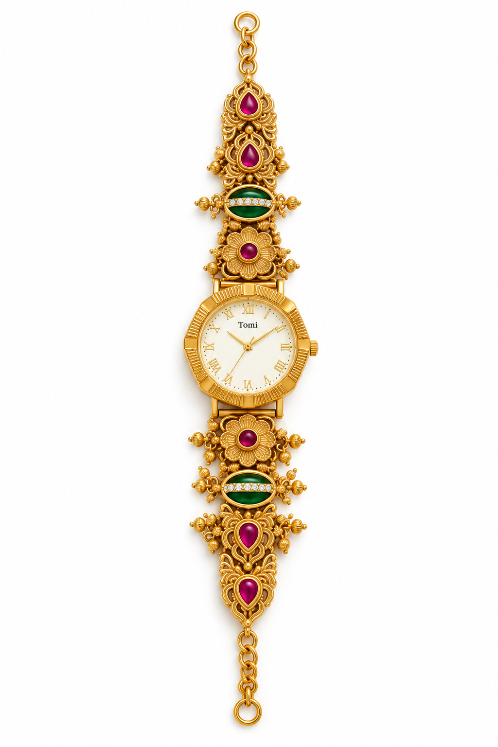 Gulnaar Traditional Gold Bracelet Watch with Ruby & Emerald Accents | Orek Jewellery