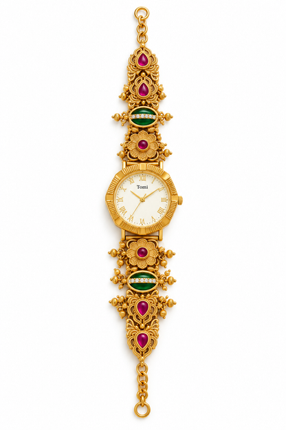 Gulnaar Traditional Gold Bracelet Watch with Ruby & Emerald Accents | Orek Jewellery