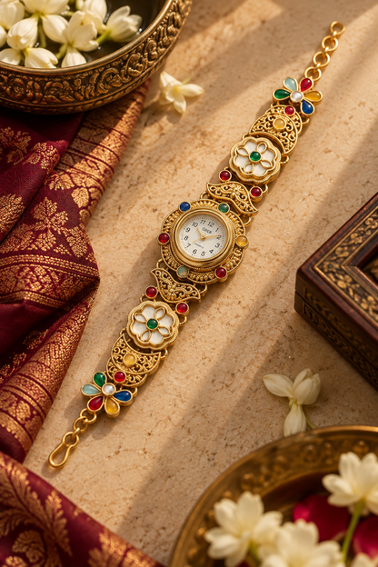 Rangmahal Traditional Gold-Tone Bracelet Watch with Multicolour Floral Details | Orek Jewellery