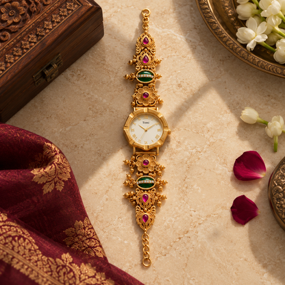 Gulnaar Traditional Gold Bracelet Watch with Ruby & Emerald Accents | Orek Jewellery