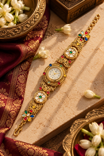 Rangmahal Traditional Gold-Tone Bracelet Watch with Multicolour Floral Details | Orek Jewellery