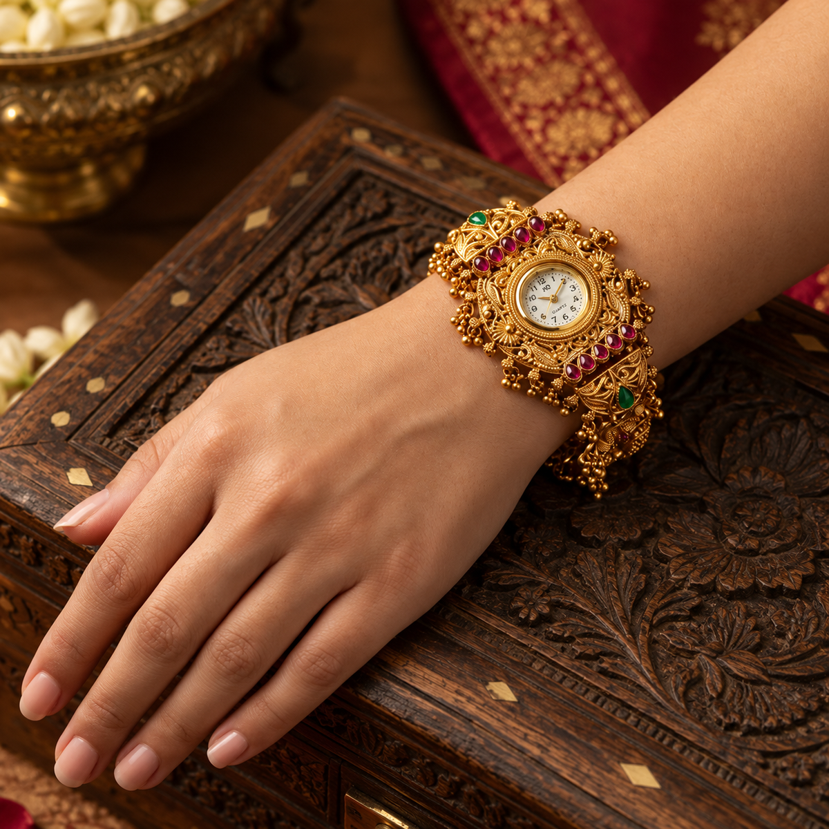 Maharani Traditional Gold Bracelet Watch with Red & Green Stones | Orek Jewellery