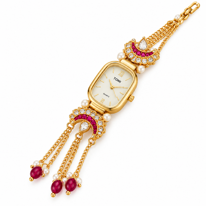 Gulnaar Gold-Tone Bracelet Watch with Ruby Red Stones & Pearl Tassels | Orek