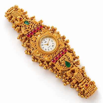Maharani Traditional Gold Bracelet Watch with Red & Green Stones | Orek Jewellery