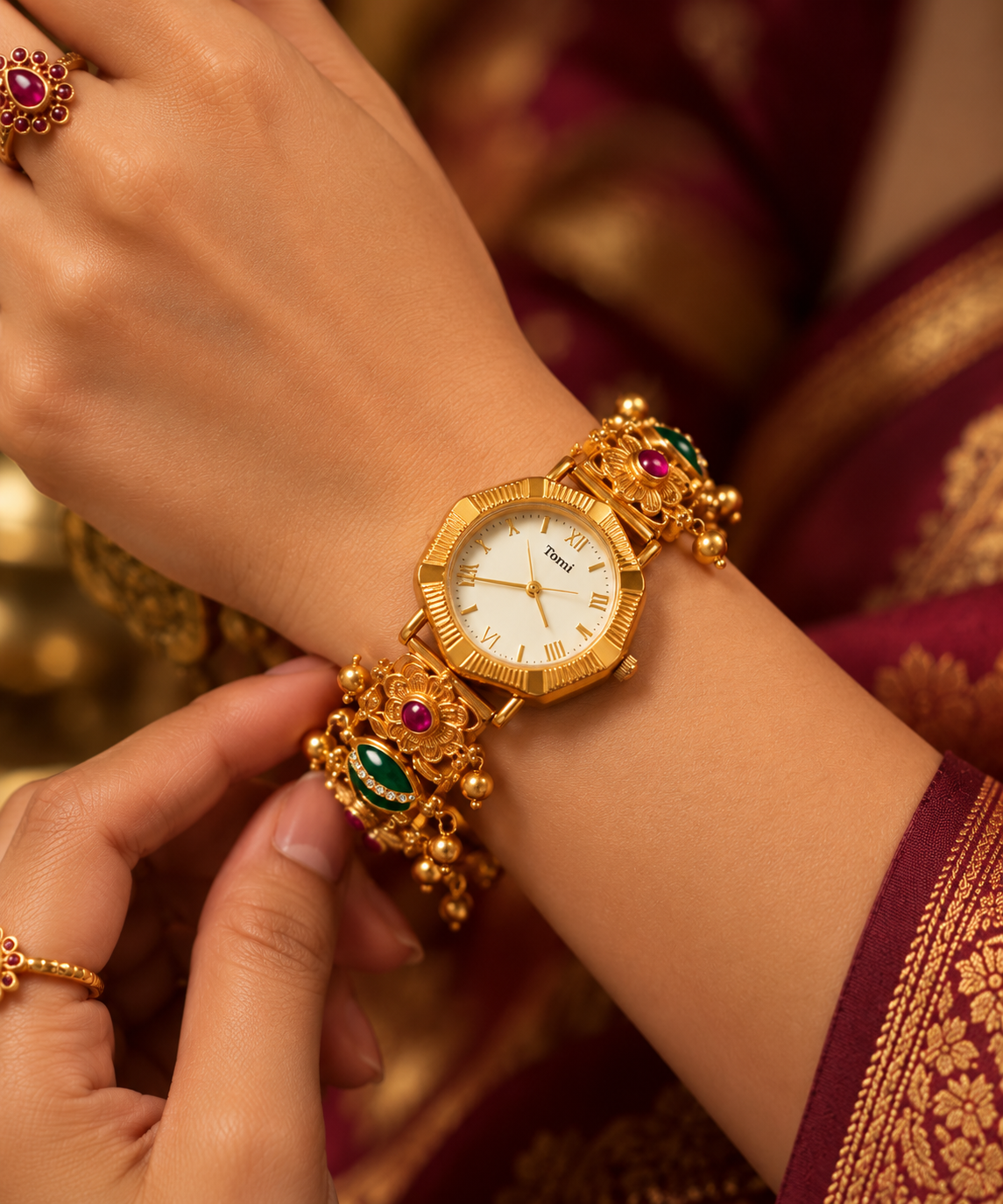 Gulnaar Traditional Gold Bracelet Watch with Ruby & Emerald Accents | Orek Jewellery