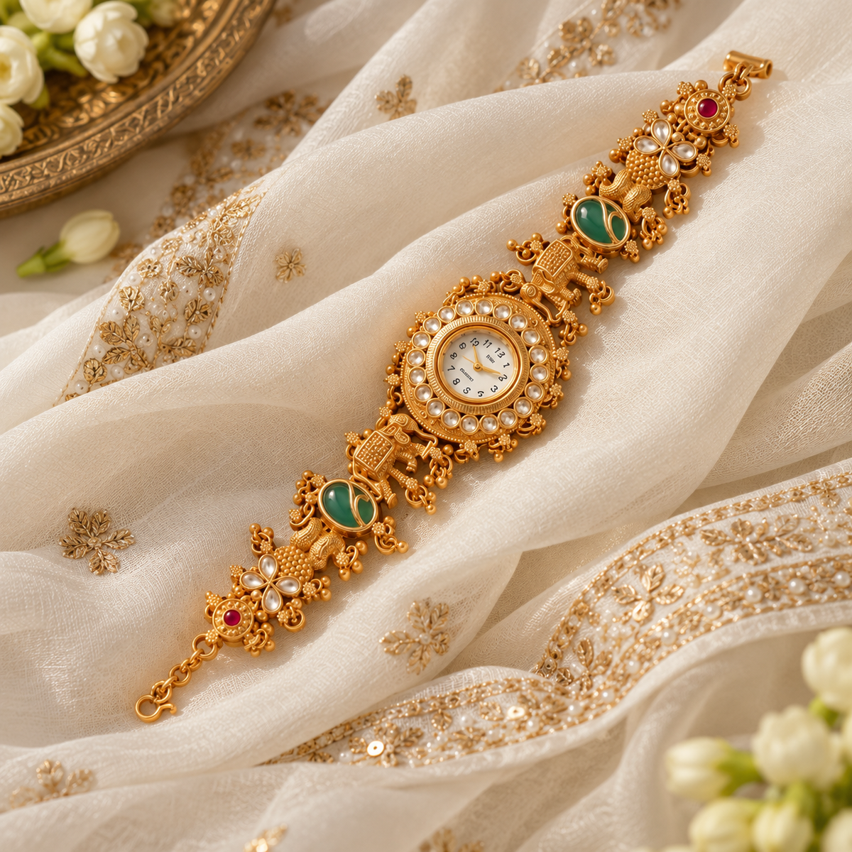 Rajsi Heritage Gold-Tone Bracelet Watch with Green Stone Accents