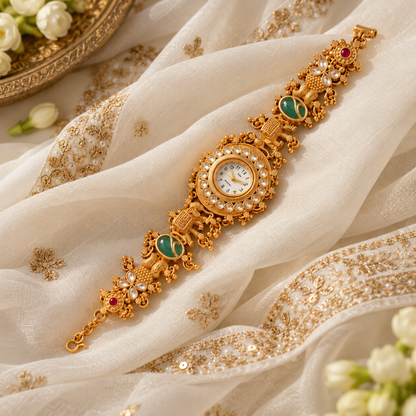 Rajsi Heritage Gold-Tone Bracelet Watch with Green Stone Accents