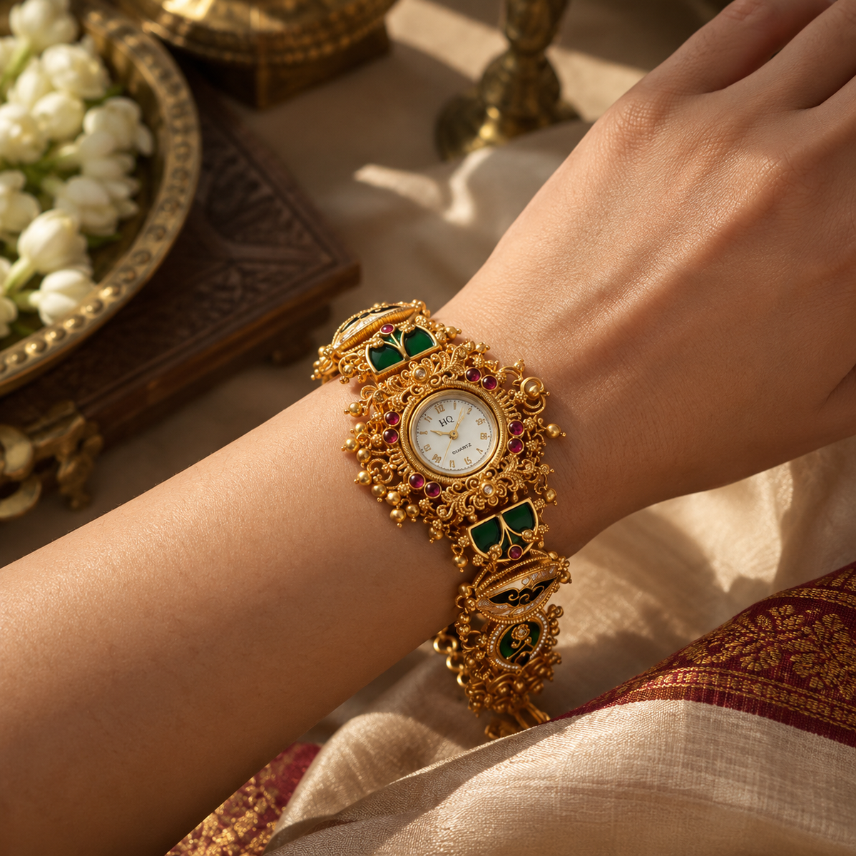 Rajwada Traditional Gold-Tone Bracelet Watch with Green & Red Stone Detailing | Orek Jewellery