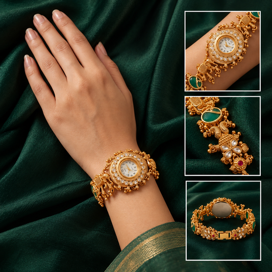 Rajsi Heritage Gold-Tone Bracelet Watch with Green Stone Accents