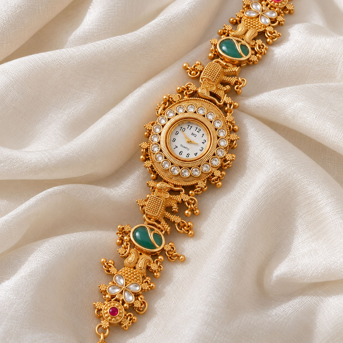 Rajsi Heritage Gold-Tone Bracelet Watch with Green Stone Accents